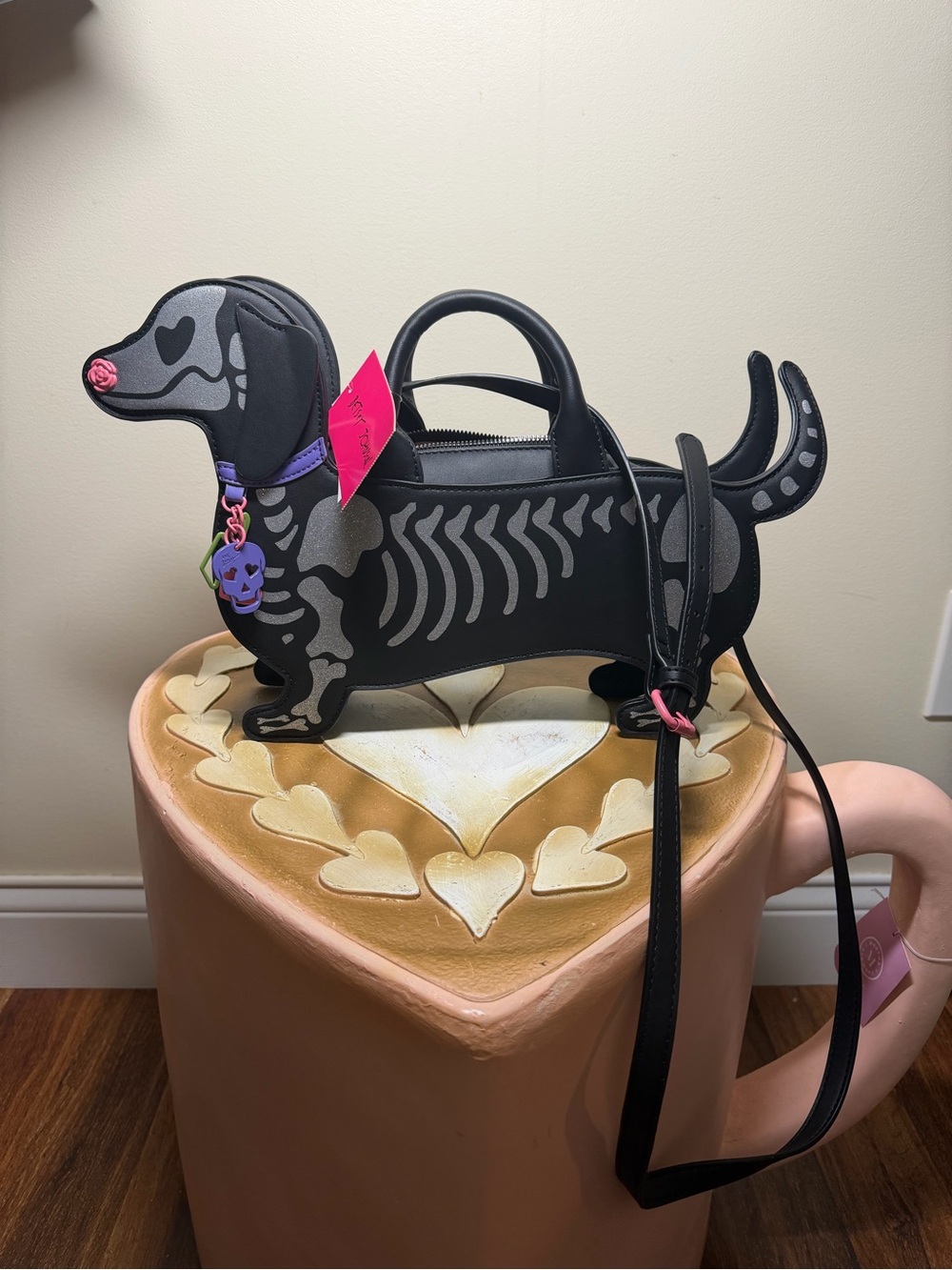 Betsey Johnson Halloween Bone to be Wild Dachshund Skeleton Crossbody Bag Purse